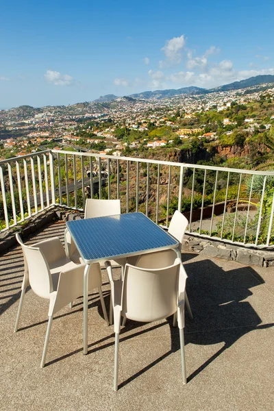 Empty cafe tables high over Funchal city, Madeira, Portugal — Stock Photo, Image