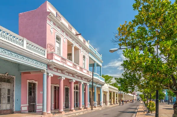 Traditional colonial style buildings located on main street Stock Photo