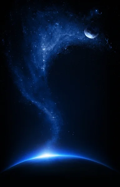 Earth and moon interconnected with starfield