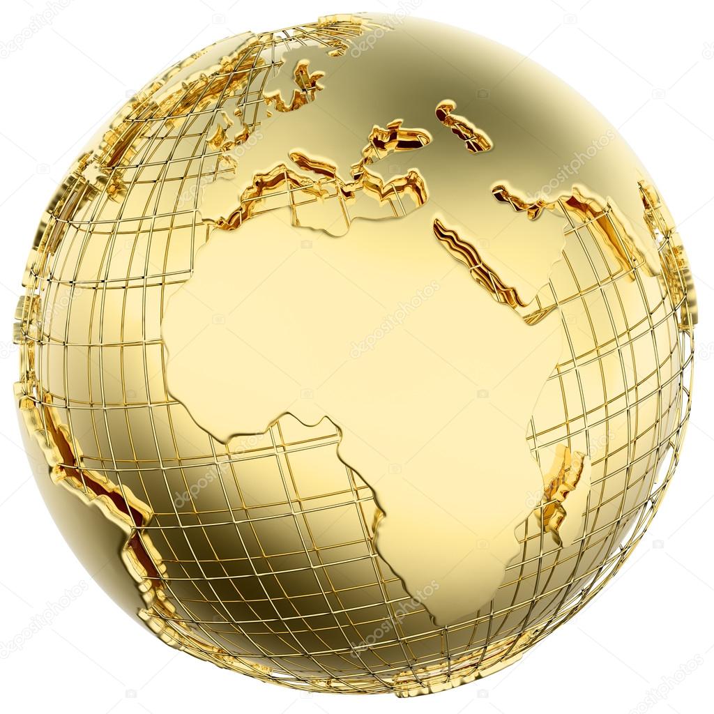 Earth in solid gold isolated (with Africa and Europe) - 3d mesh derived from NASA map