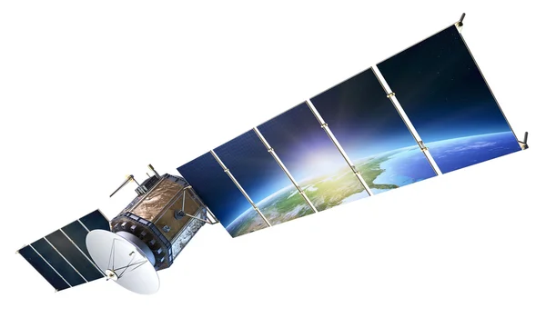 Satellitenkommunikation mit der Erde, die in Sonnenkollektoren reflektiert wird i — Stockfoto