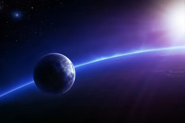 Fantasía Tierra y Luna con colorido amanecer — Foto de Stock