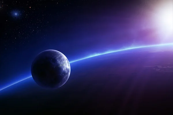Fantasy Earth and Moon with colourful  sunrise