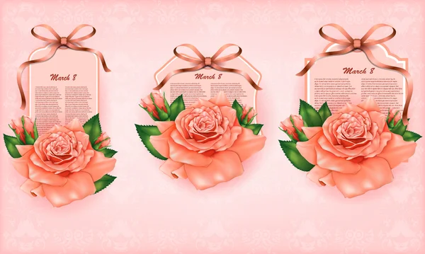 Set di bellissime carte regalo con rose pastello e fiocchi regalo — Vettoriale Stock