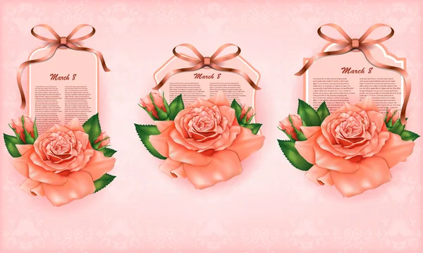 Conjunto de hermosas tarjetas de regalo con rosas pastel y lazos de regalo — Vector de stock