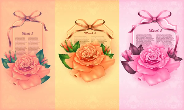 Set of beautiful gift cards with pastel roses and gift bows, may be used for Women's Day — Stock Vector