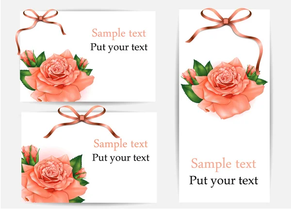 Set of beautiful gift cards with pastel roses and gift bows, may be used for Women's Day — Stock Vector