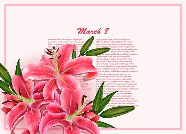 Beautiful gift card with pink lilies , may be used as a Woman's Day congratulation — Stock Vector