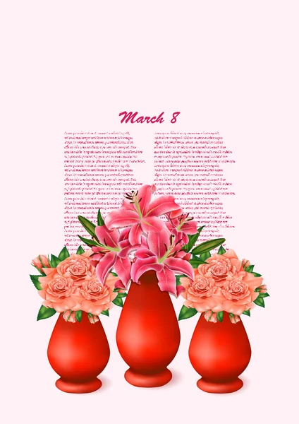Vector hermosos ramos de lirios y rosas en jarrones — Vector de stock