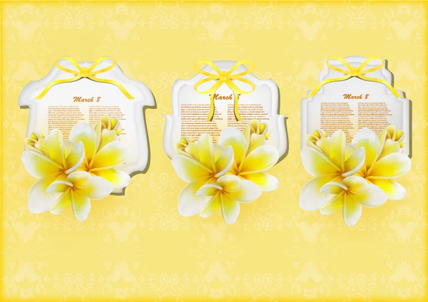Hermosas tarjetas de regalo con plumerías amarillas — Vector de stock