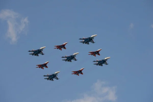 Moscow Russia May 2021 Aerobatic Groups Swifts Russian Knights 30Sm — 스톡 사진