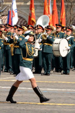 MOSCOW, RUSSIA-MAY 7, 2021:The commander of the drill box of female cadets, Major Maria Vasilyeva, during the dress rehearsal of the military parade on Red Square in honor of Victory Day clipart