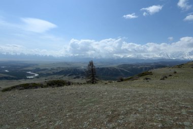 ALTAI REPUBLIC, RUSSIA - 18 Mayıs 2021: Altai Cumhuriyeti 'nin Kosh-Agach ilçesinde Kuzey Chuya Sırtı yakınlarındaki Chuya Nehri vadisi. Rusya