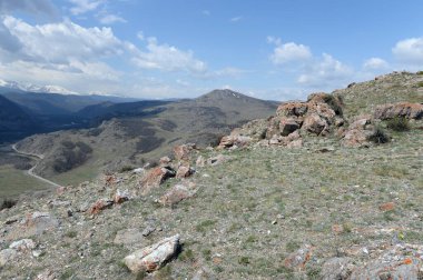 ALTAI REPUBLIC, RUSSIA - MAY 18, 2021:View of the Chuisky tract near the North Chuisky ridge in the Kosh-Agachsky district of the Altai Republic. Russia