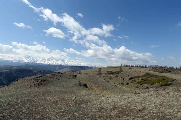 ALTAI REPUBLIC, RUSSIA - 18 Mayıs 2021: Altai Cumhuriyeti 'nin Kosh-Agach ilçesinde Kuzey Chui sırtı yakınlarındaki dağ manzarası. Rusya