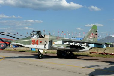 ZHUKOVSKY, MOSCOW REGION, RUSSIA - 20 Temmuz 2021: Rus ve Sovyet zırhlı askeri saldırı uçağı Sukhoi Su-25SM3 