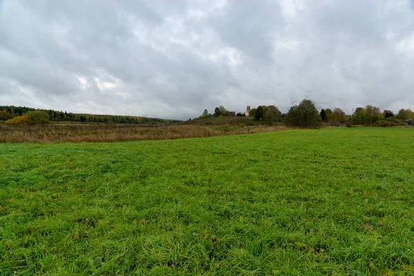 Autumn Village Grassy Meadows Forest Horizon — Stock Photo, Image