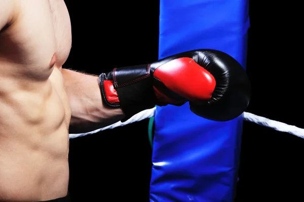 Poderoso boxeador muscular no ringue fazendo exercício — Fotografia de Stock