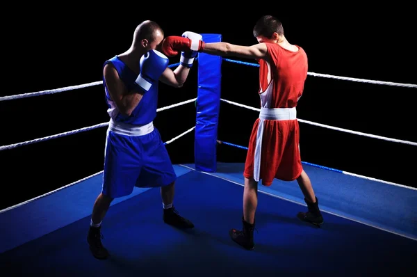 Dos boxeadores machos peleando en ring —  Fotos de Stock