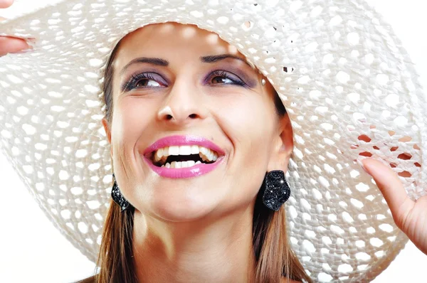 Beautiful Brunette Girl with Hat. Fashion Model Girl Portrait. — Stock Photo, Image