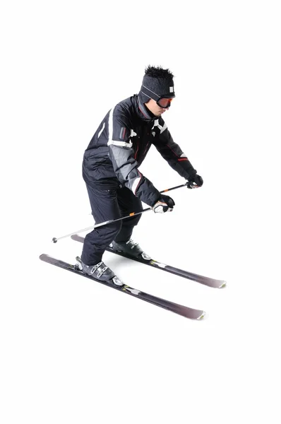 One male skier skiing with full equipment on a white background — Stock Photo, Image