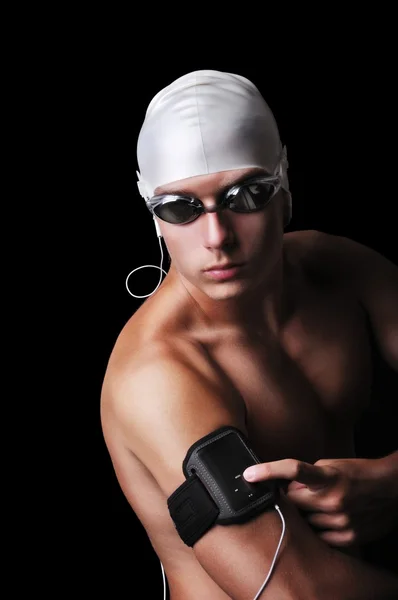 Nadador masculino muscular isolado em preto — Fotografia de Stock