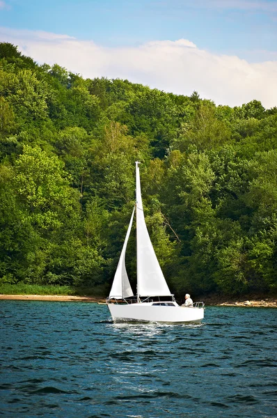 Biały jacht na góry Błękitne jezioro otoczone lasem. — Zdjęcie stockowe
