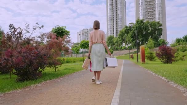 Dia de compras passeio feminino na rua — Vídeo de Stock