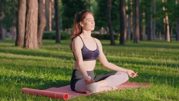Senhora sentado no tapete de ioga no parque — Vídeo de Stock