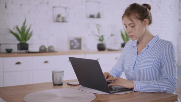 Finish Projekt Tur Laptop Glad Kvinna Med Vackra Fräknar Sitter — Stockvideo