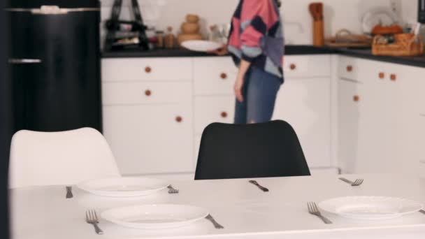 Unrecognizable Woman Set Table Dinner Putting Plate Modern Apartment — Wideo stockowe