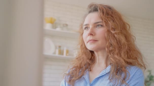 Portrait Adult Middle Aged Woman Lady Standing Window Enjoy View — Vídeos de Stock