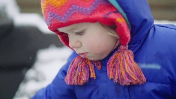 Happy Child Playing Snow Outdoors Little Girl Playing Playground Carefree — Stockvideo