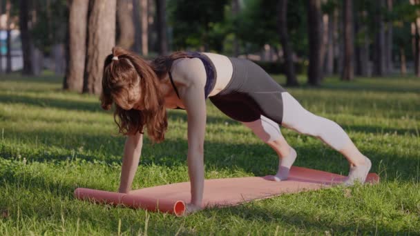 Stabilize Balance Power Body Lady Wearing Leggings Top Doing Plank — Stok video