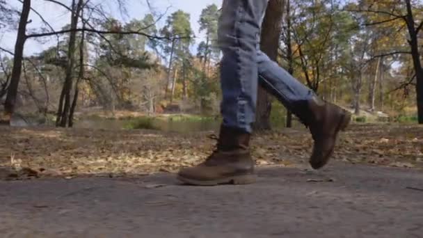 Primer Plano Mujer Caminando Camino Bosque Viajero Usando Casual Botas — Vídeos de Stock