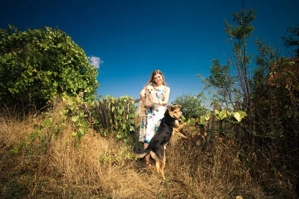 Žena se dvěma psy — Stock fotografie