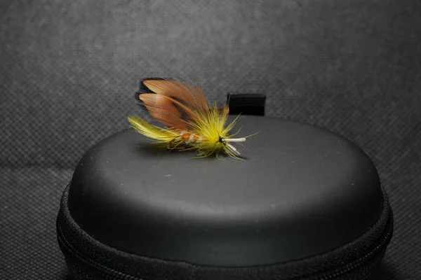 Self-tied fishing lures, flies for fly fishing studio shots with copy space