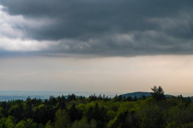 Bavyera Ormanı 'nda kara bulutlar ve parlak yıldırımlarla fırtına