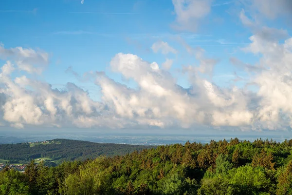 Bavyera Ormanı 'ndaki manzara fotoğrafları büyüleyici bulutlar ve mavi gökyüzü.