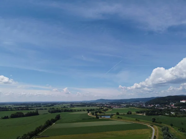 Flygfoto Ett Jordbruksfält Med Spannmål Planterad Våren Bayern — Stockfoto