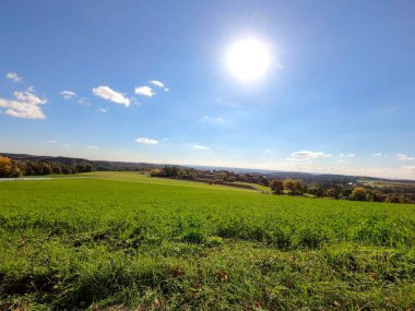 Yeşil çimen ve mavi gökyüzü olan güzel bir manzara.