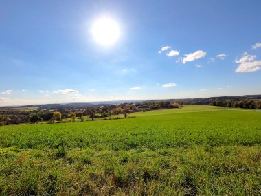 Yeşil çimen ve mavi gökyüzü olan güzel bir manzara.