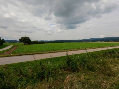 Adanın güzel yeşil bir tarlası, yol ve bulutlarla