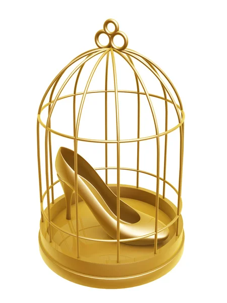 Goldener Vogelkäfig und goldener Schuh — Stockfoto