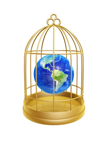 Golden birdcage and earth — Stock Photo, Image