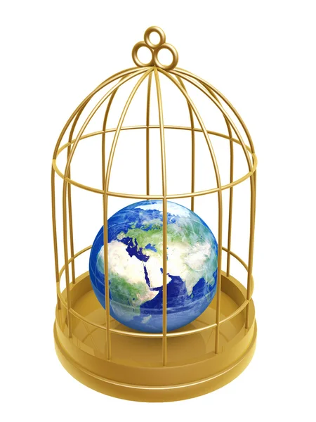 Golden birdcage and earth — Stock Photo, Image