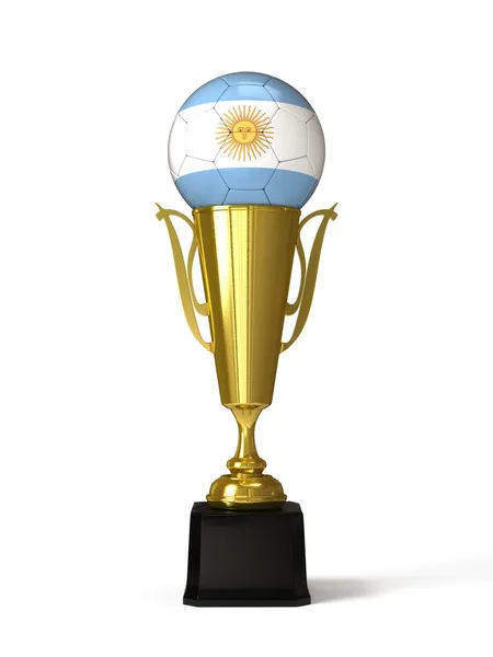 Pallone da calcio con bandiera argentina, sulla coppa del trofeo d'oro — Foto Stock