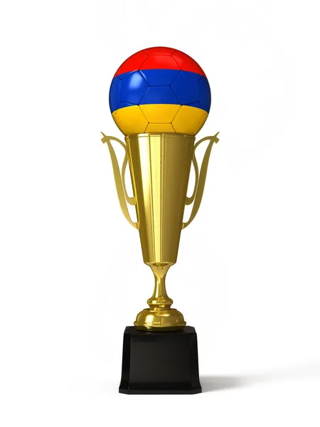 Soccer ball with Armenian flag, on golden trophy cup — Stock Photo, Image