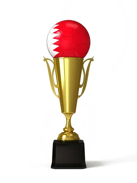 Soccer ball with Bahrain flag, on golden trophy cup — Stock Photo, Image