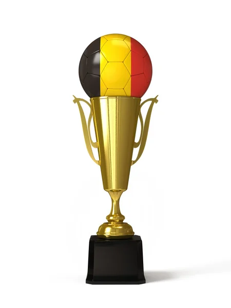 Balón de fútbol con bandera belga, en copa de trofeo dorado —  Fotos de Stock